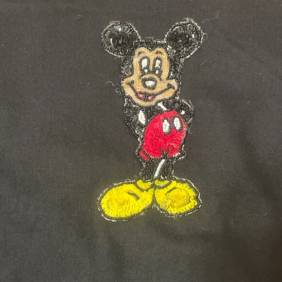 MICKEY Sequins/Beads Logo Short Sleeve Cotton Feel Black Tee Shirt Size Unknown - Picture 3 of 4